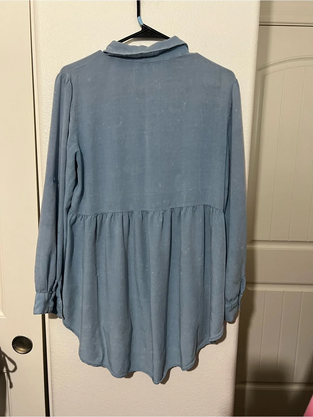 Umgee Dusty Blue Button-Front Baby doll Peplum Tunic with Lace Hem - Picture 12 of 16